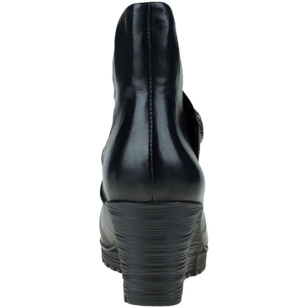 NEW Earth Women Dune Black Leather Gathered Pleated Strap Platform Wedge Bootie - Picture 3 of 6